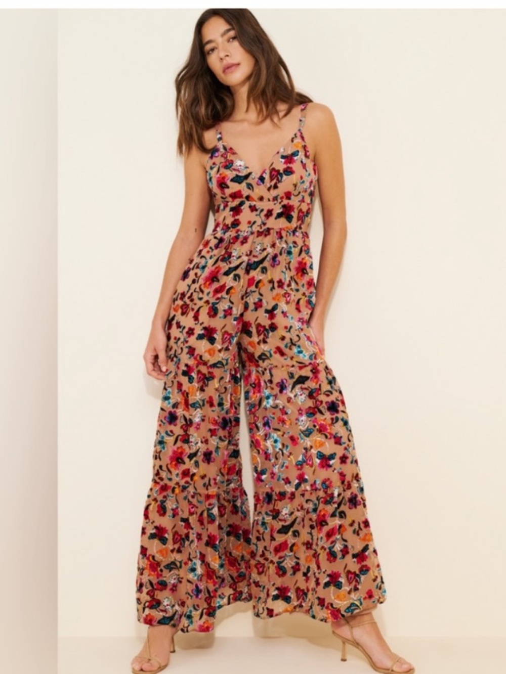 Hutch Tan Multi Floral Flounced Wide-Leg Jumpsuit